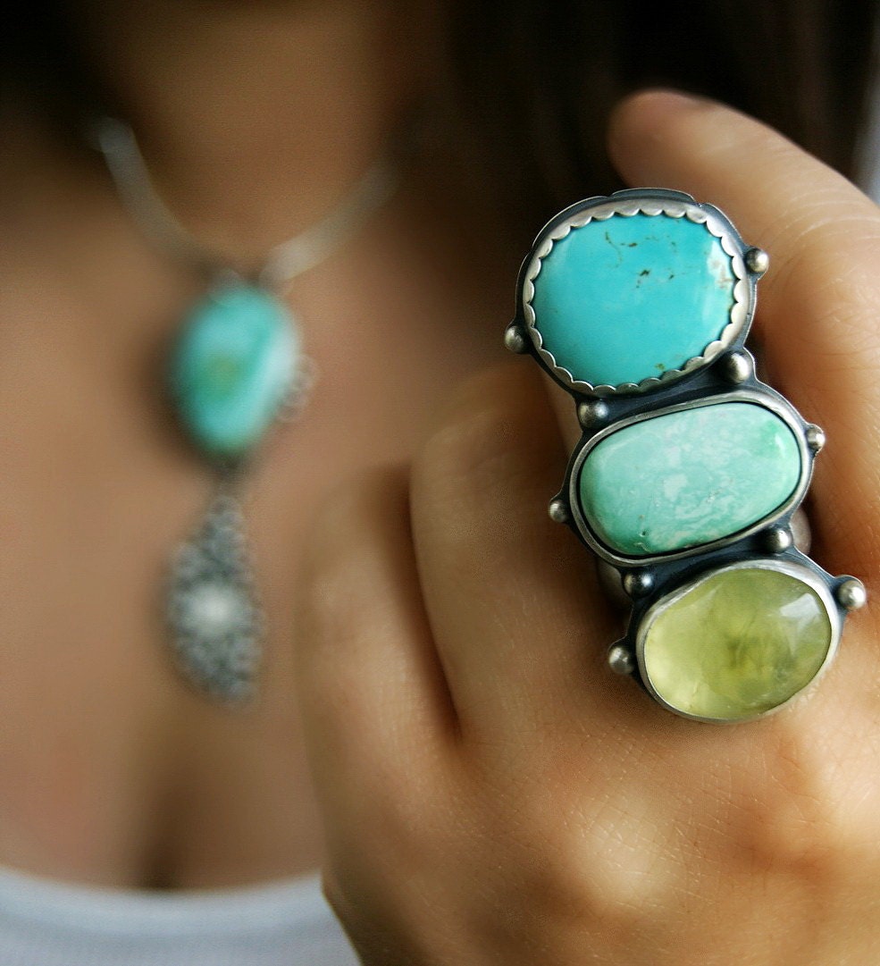 Trinity - Turquoise, Variscite, and Prehnite Sterling Silver Ring