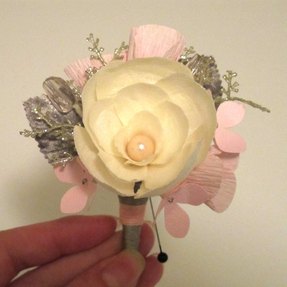 7 Custom Paper Boutonnieres and 3 pin on corsages for Kristen