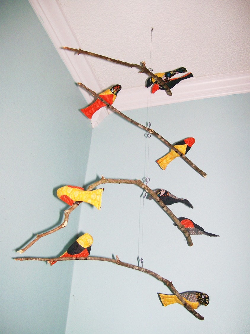 Bird Mobile-4 tiered, branches, black, grey, orange, yellow