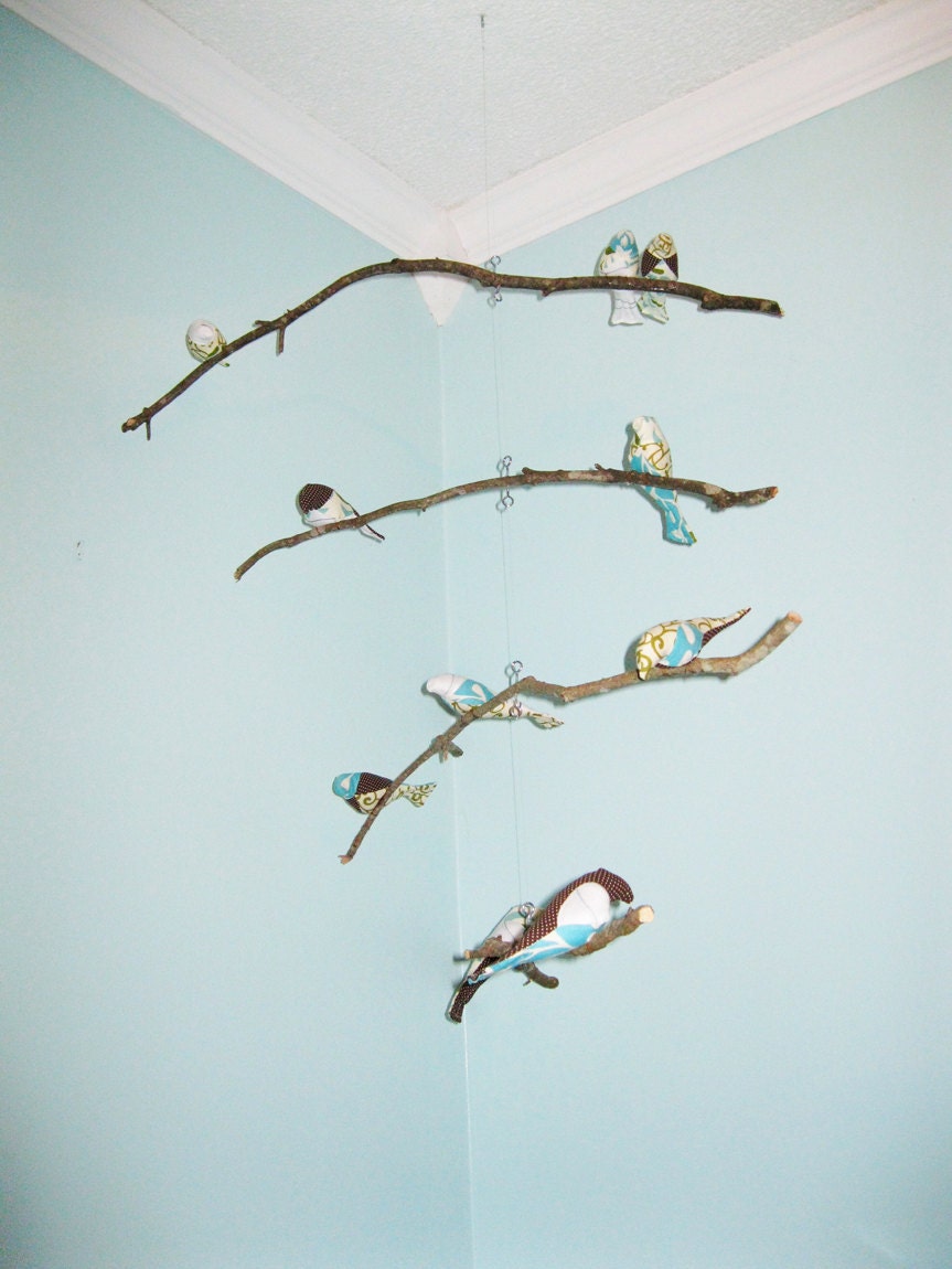 Bird Mobile - branches - 4 tiered - baby bird - in blue, green, brown, cream, and white