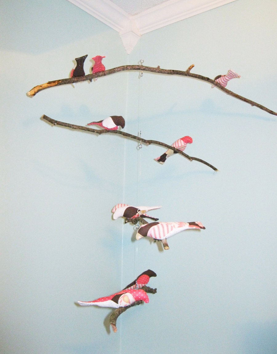 Bird Mobile - branches - 4 tiered - baby bird - in pink, brown, and white
