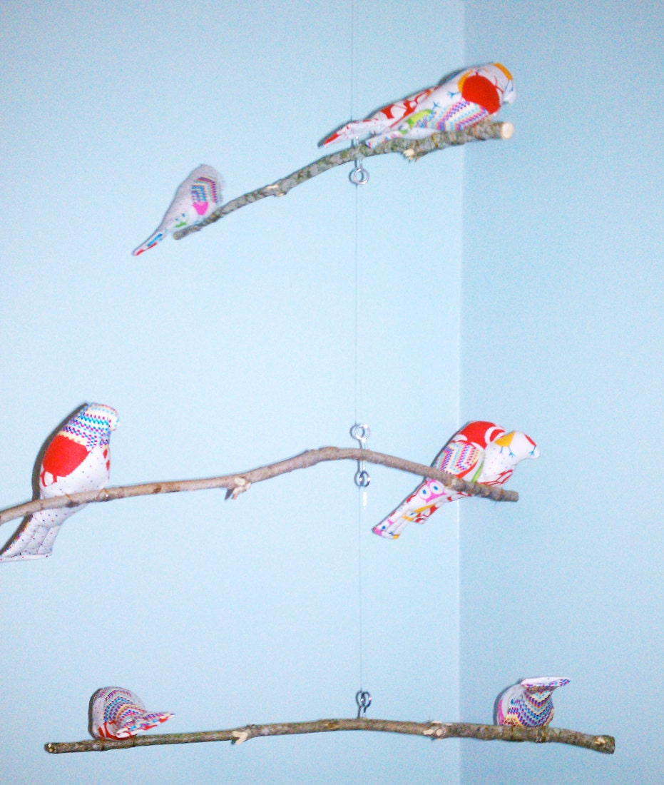 Bird Mobile - branches - 3 tiered - baby bird - in red, blue, green, orange, and white
