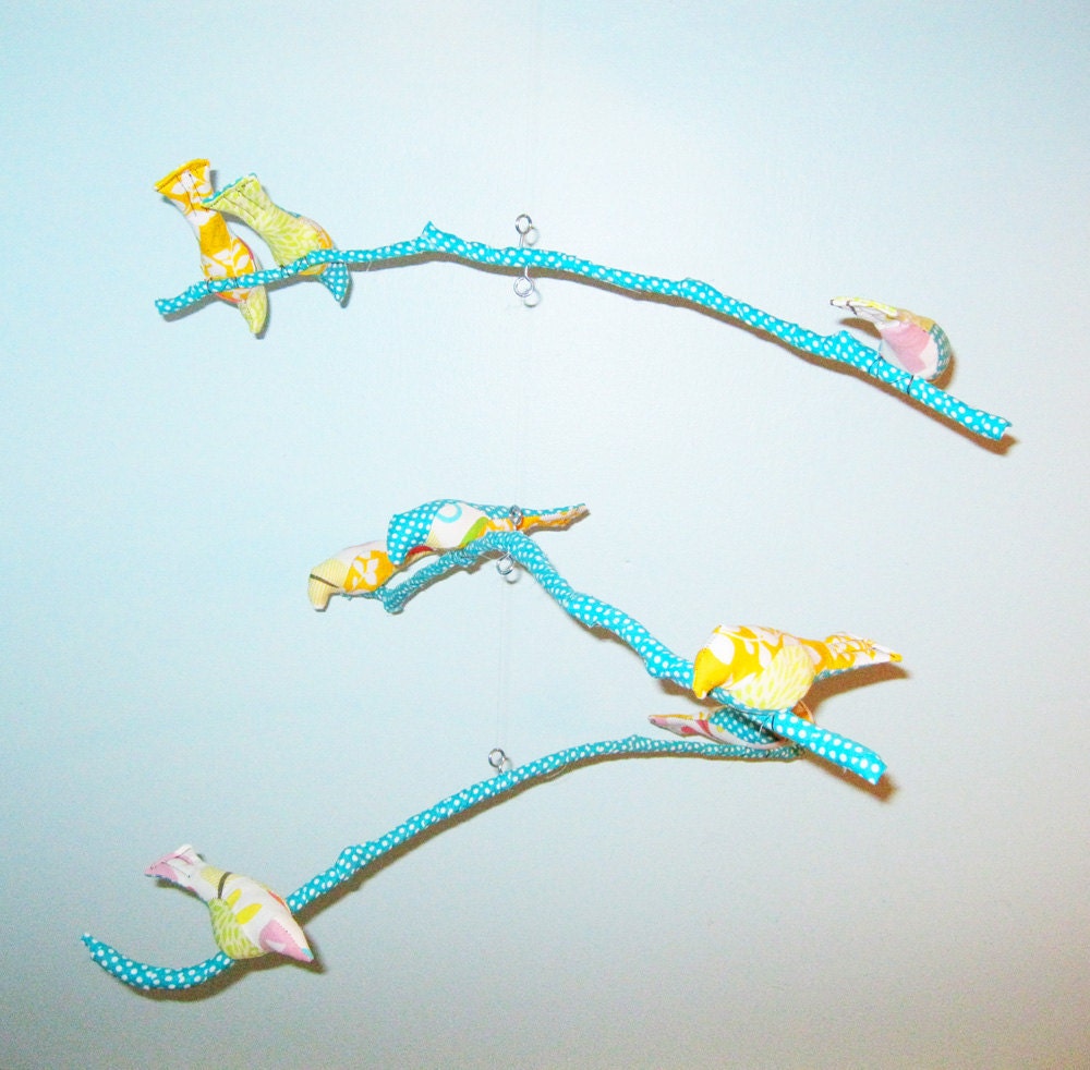 Bird Mobile- Fabric branches, aqua, yellow, polka dots