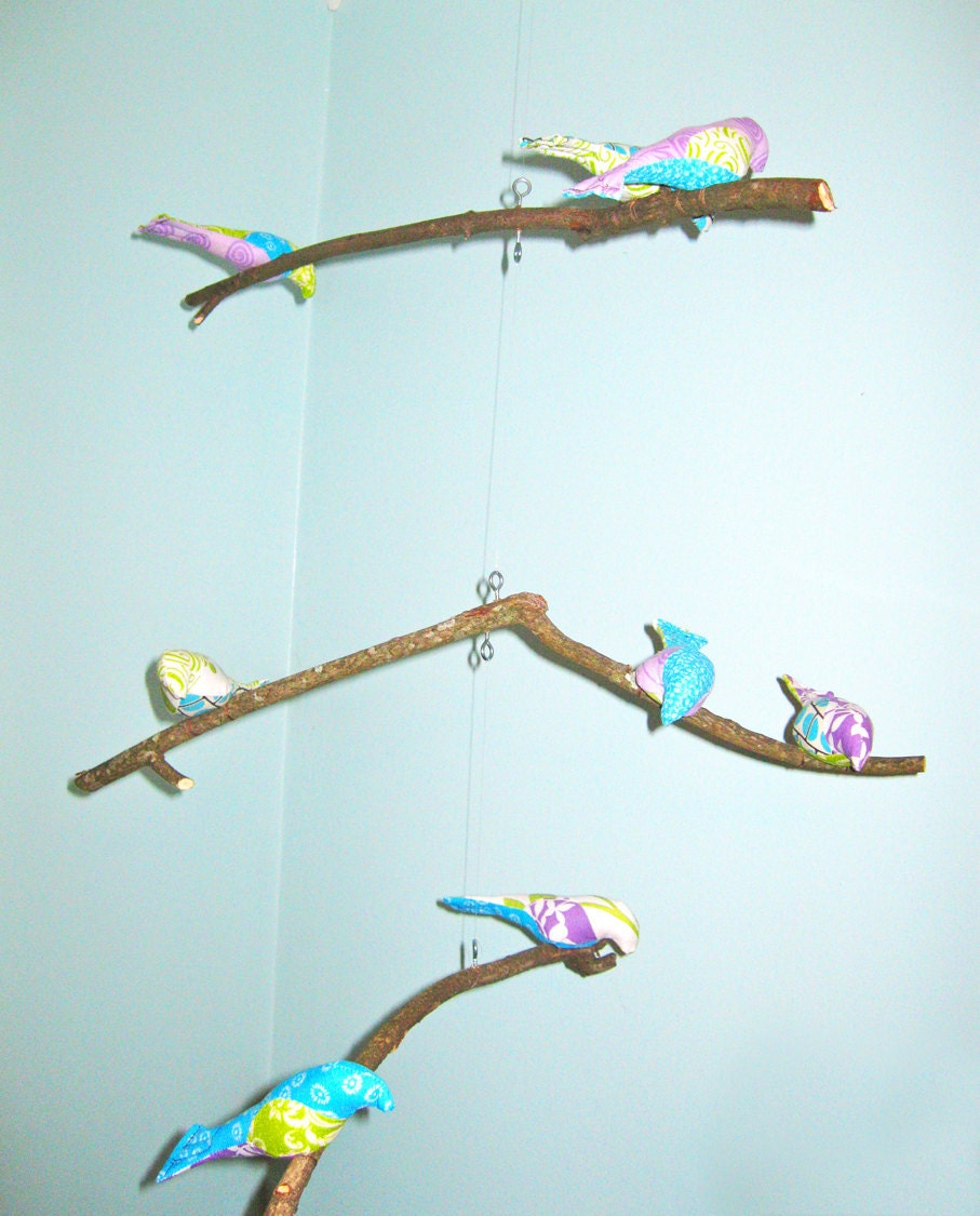 3 Tiered Bird Mobile-purple, white, teal, green-branches