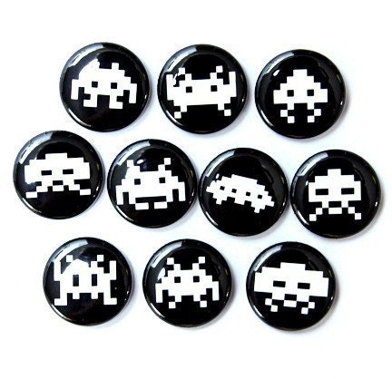 Alien Invaders Black and White Set of 10 Buttons Pinbacks Badges 1 inch