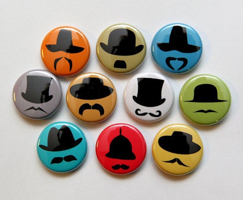 Hats and Mustaches Set of 10 - Pinback Buttons Badges 1 inch