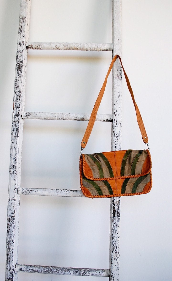 vintage 80s leather patchwork tan and green purse