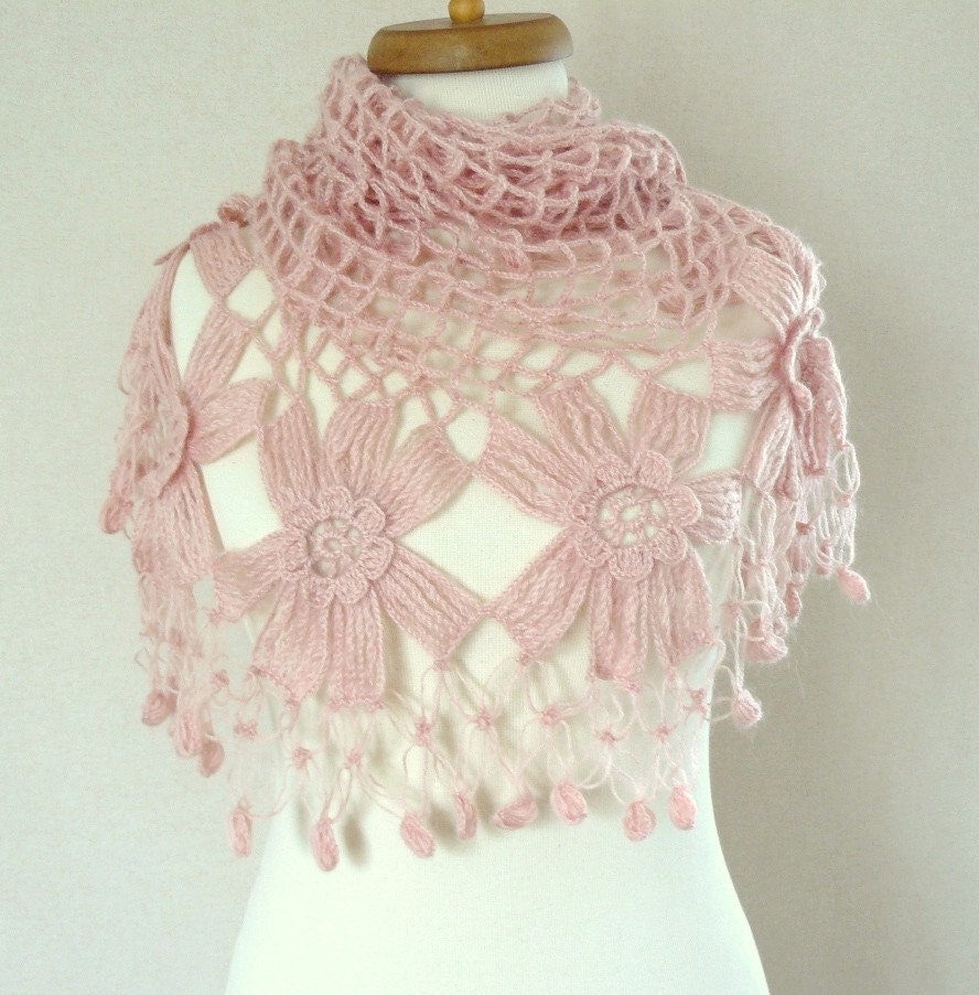 Powder pink shawl - pink mohair flower garden shawl