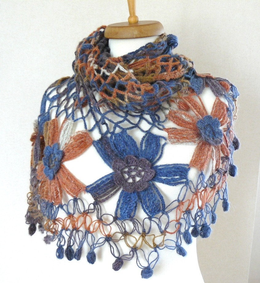SHAWL on Sale - Ready to ship - Multicolor mohair flower garden shawl - navy cinnamon purple ivory