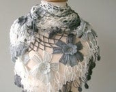 SHAWL on Sale - Black grey ivory mohair flower garden shawl
