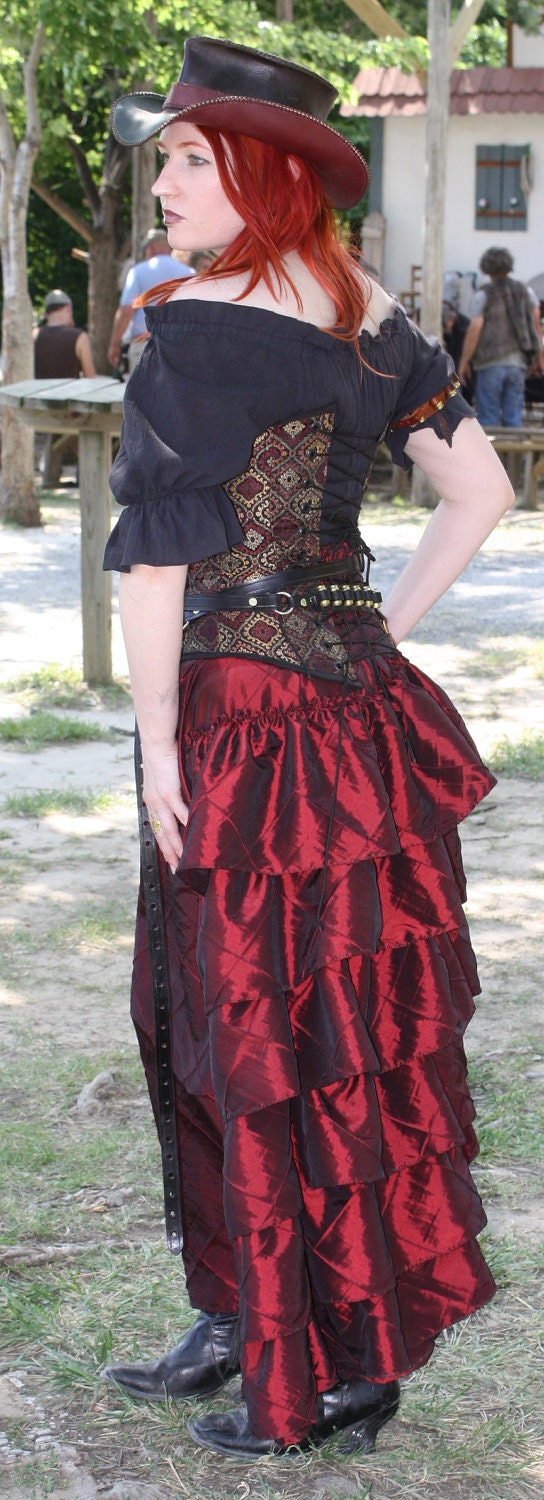 Deep Red Complete Outfit Over Bust Corset, Bustle Skirt, Black Short Sleeve Shirt