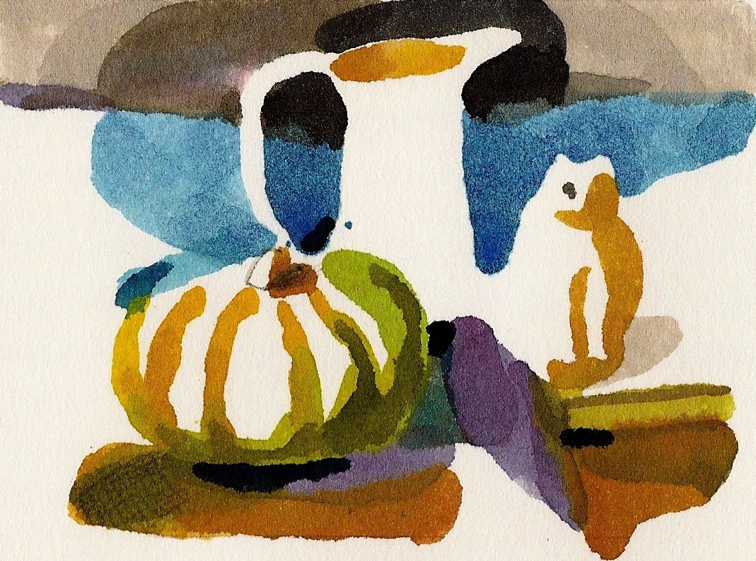 Pumpkin and cat- Original watercolor painting