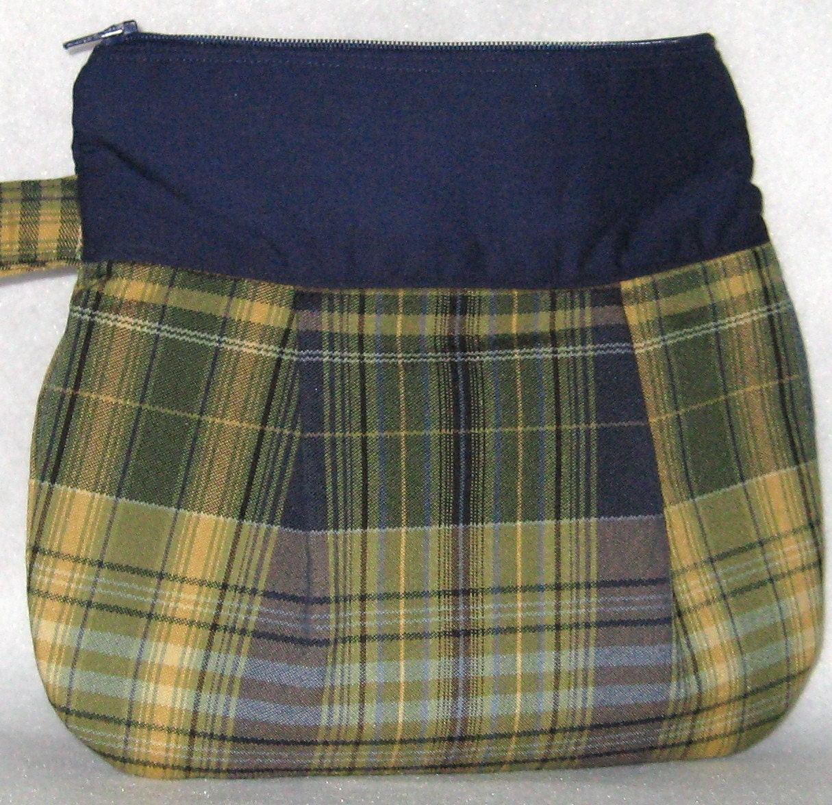 Navy Blue and Green Plaid Wristlet