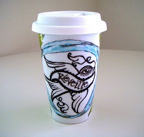 Ceramic Travel Mug Eco Cup Tattoo Roses Bird French White Red Blue Painted by sewZinski on Etsy