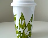 Ceramic Travel Mug Eco Friendly Green Leaves White Modern Painted handmade by sewZinski on Etsy