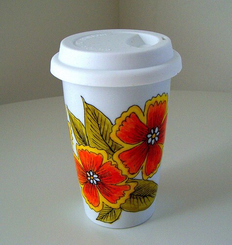 Ceramic Travel Mug Eco Friendly Modern Folk Flower Orange Yellow Green Painted by sewZinski on Etsy