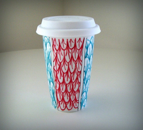 Ceramic Travel Mug Eco Cup Red Turquoise Scales Scallops Painted Nautical by sewZinski
