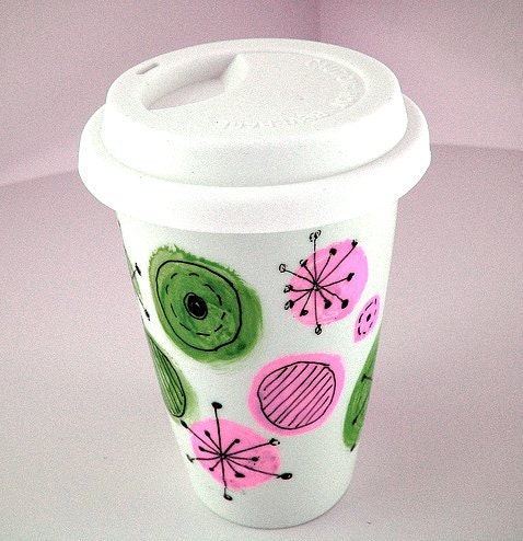 Ceramic Travel Mug Circles Starbursts Atomic Retro Kitschy Polka dots Pink Green Eco Friendly Painted handmade by sewZinski on Etsy