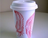 Ceramic Travel Mug Tumbler Red Feathers Modern Nature Eco Friendly White Woodland Painted - READY TO SHIP