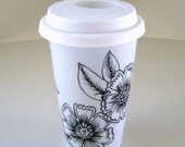 Ceramic Travel Mug Eco Friendly Painted Black White Folk Flowers Modern handmade by sewZinski on Etsy