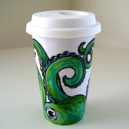 Father's Day Octopus Ceramic Travel Mug Painted Green Eco Friendly sea creature tentacles kraken by sewZinski on Etsy