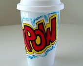 Father's Day Gift Ceramic Travel Mug Comic Book Sound Fx Red Yellow Blue Black White Geekery Kapow painted