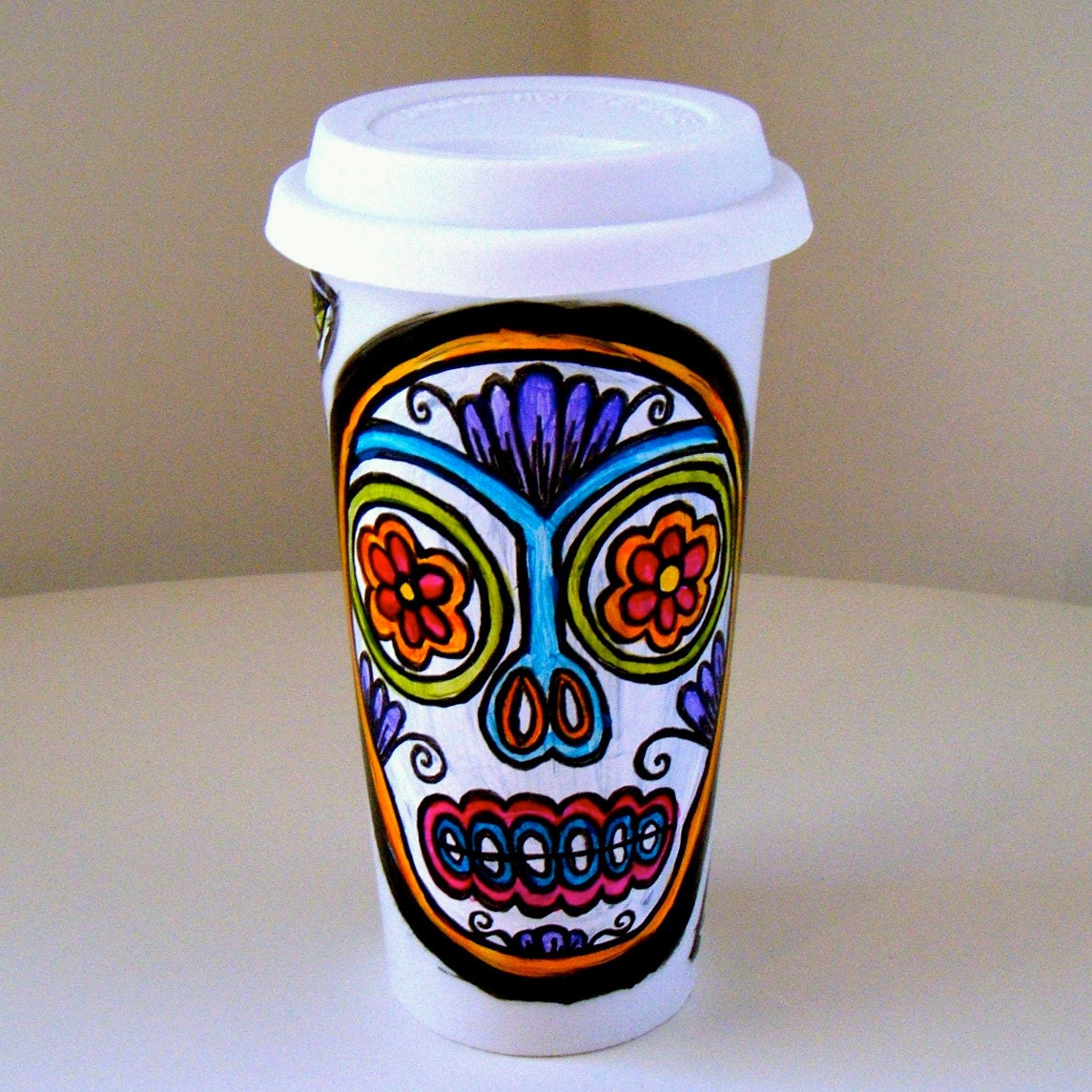 Ceramic Travel Mug 16 oz Coffee Tumbler Sugar Skull Folk Art Day of the Dead Hand Painted Dia de los muertos Flowers