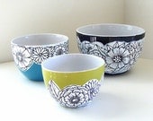 Ceramic Nesting Bowls Sprint Flowers Painted Green Black White Turquoise Blue Modern Folk Art Home Decor - MADE TO ORDER