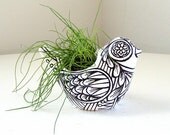 Planter Ceramic Bird Black and White Folk Art Day of the Dead Home Decor Vase Hand Painted Tattoo