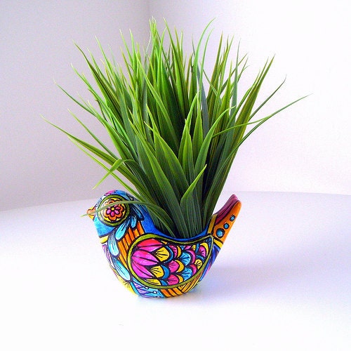 Ceramic Bird Planter Folk Art Day of the Dead Home Decor Vase Painted Tattoo turquoise orange pink yellow - MADE TO ORDER