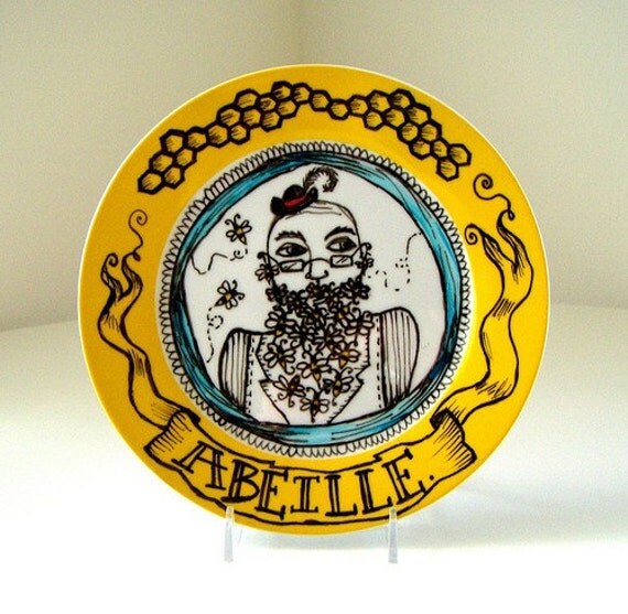 Ceramic Plate French Bee Beard Painted Illustration black white yellow honeycomb hexagon ceramic handmade by sewZinski