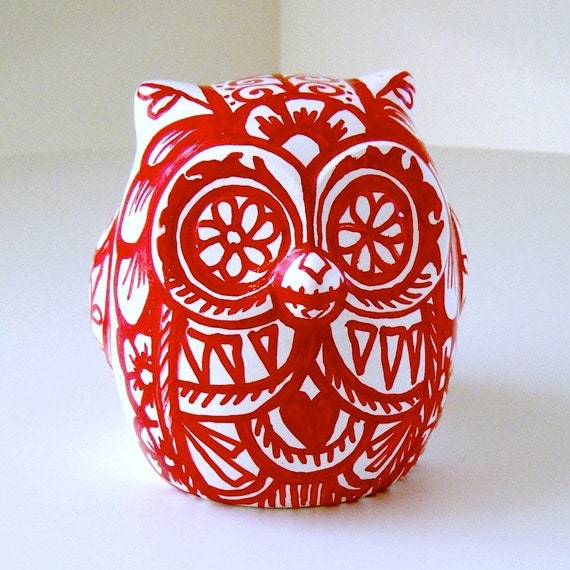Ceramic Owl Decor Red White Day of the Dead Folk Art Bird Tattoo Animal Painted by sewZinski