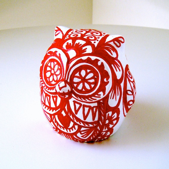 Ceramic Owl Decor Red White Day of the Dead Folk Art Bird Tattoo Animal Painted by sewZinski