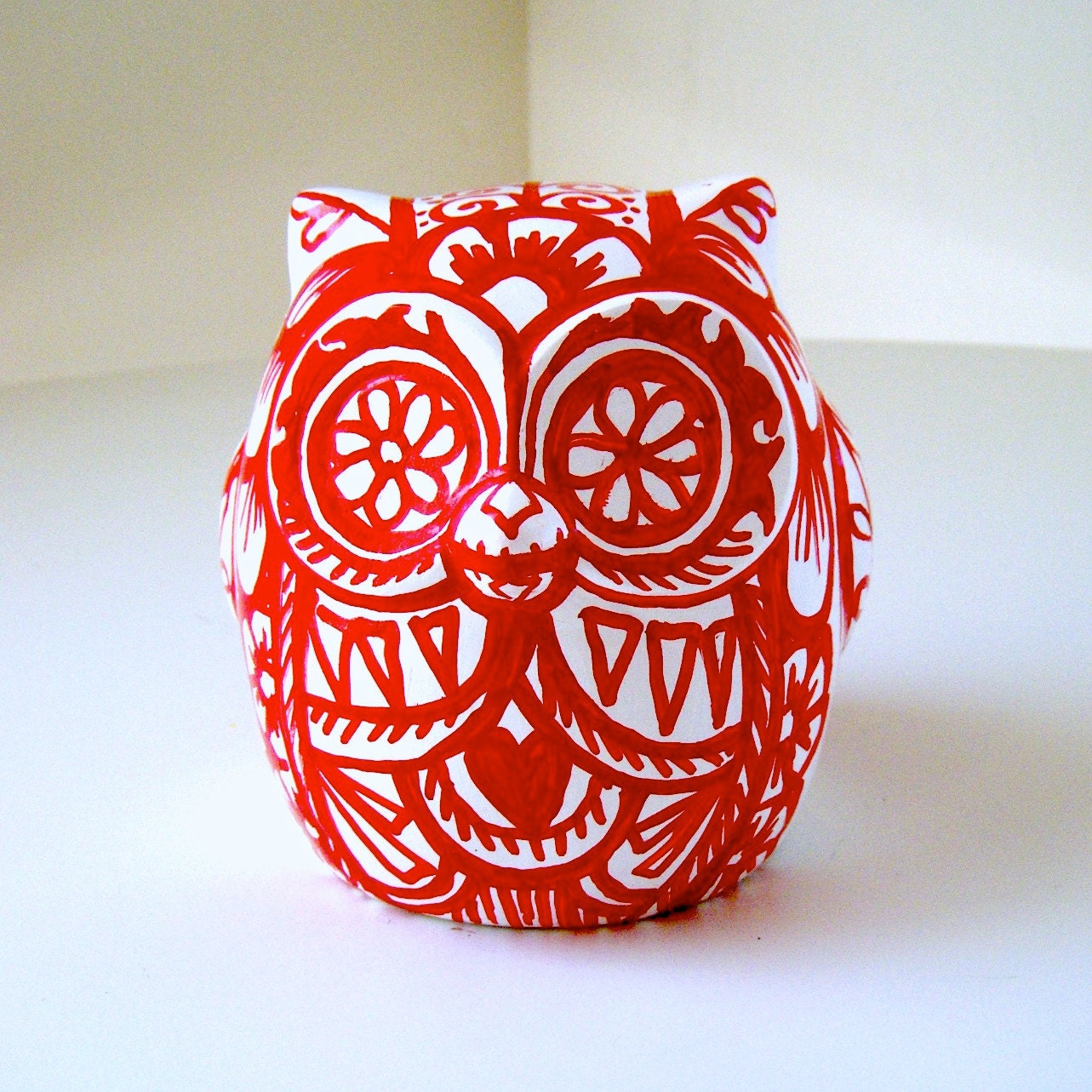 Ceramic Owl Decor Red White Day of the Dead Folk Art Bird Tattoo Animal Painted by sewZinski