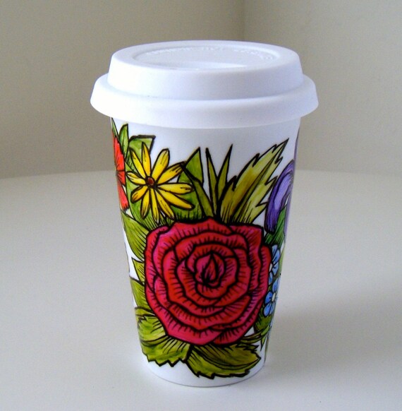 Ceramic Travel Mug Red Roses Daisies Iris Garden by sewZinski