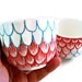 Ceramic Cups Sake Japanese Tea Hand Painted Scallops Red Turquoise Modern Nautical Upcycled - READY TO SHIP