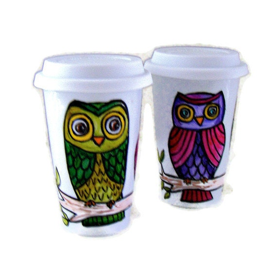 Ceramic Travel Mugs Set Besties BFF Owls Personalize Tree 2 Custom Tumblers Woodland Eco Friendly Painted Folk by sewZInski
