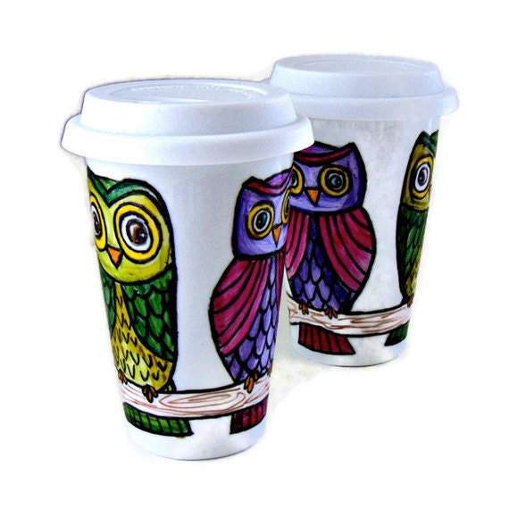 Ceramic Travel Mugs Set Besties BFF Owls Personalize Tree 2 Custom Tumblers Woodland Eco Friendly Painted Folk by sewZInski