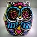 Ceramic Owl Decor Painted Day of the Dead Tattoo Flowers Hearts Folk Sculpture Black White Pink Green Yellow Blue by sewZinski