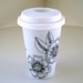 Ceramic Travel Mug Eco Friendly Painted Black White Folk Flowers Modern handmade by sewZinski on Etsy