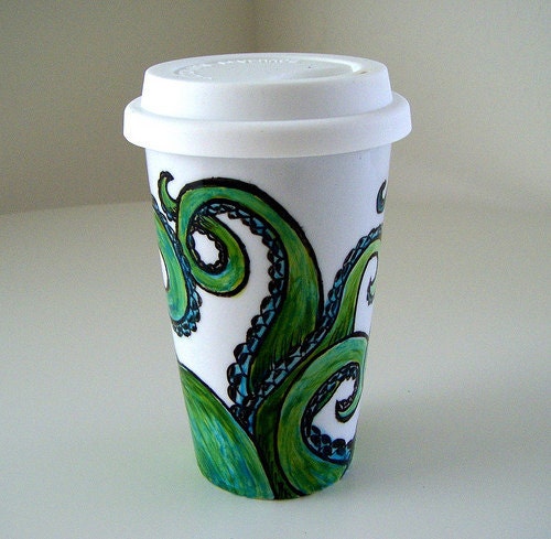 Octopus Ceramic Travel Mug Painted Green Eco Friendly sea creature tentacles kraken by sewZinski on Etsy
