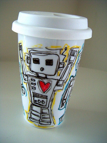 Ceramic Travel Mug Robot Painted Eco Friendly coffee cup with lid hearts Black White Red Blue Yellow Geekery by sewZinski