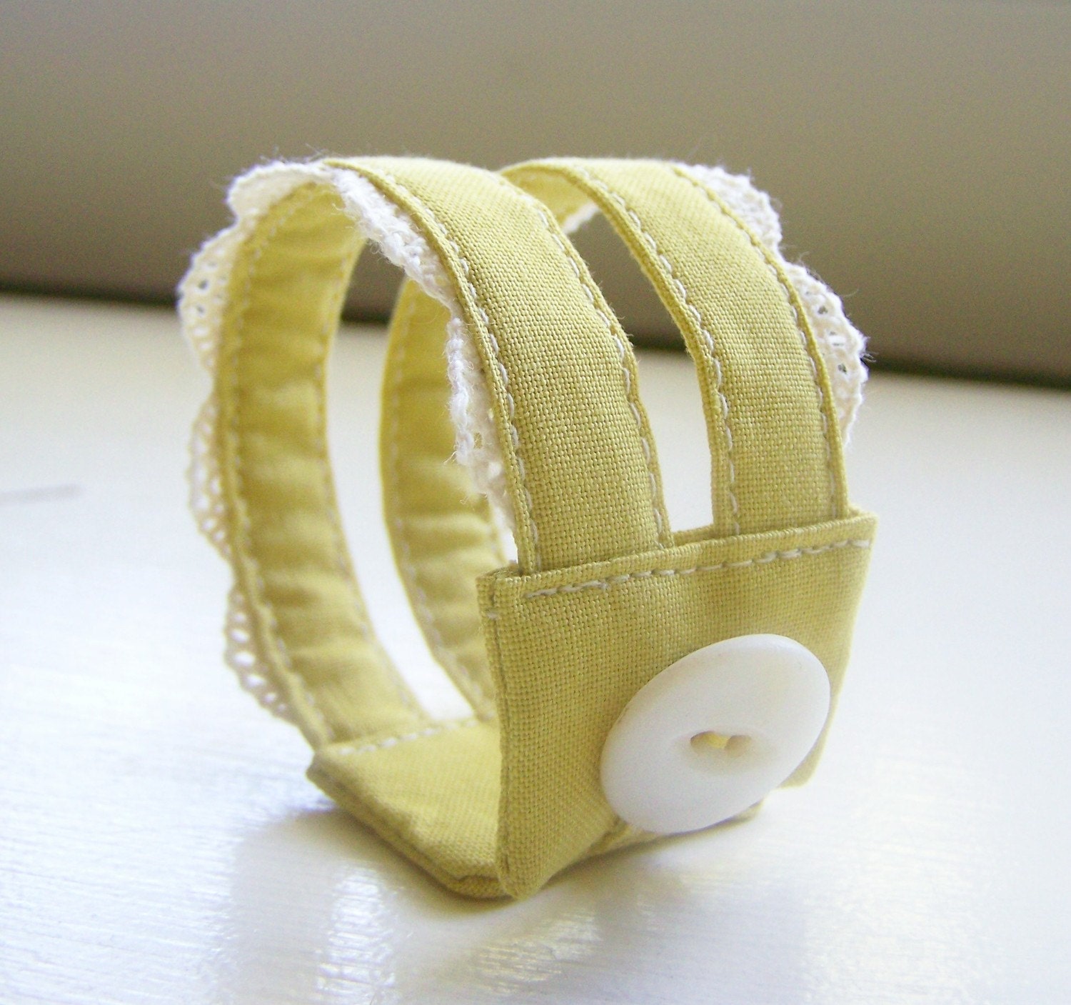 Double strand cuff bracelet in mustard and crocheted lace