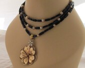 Necklace -Triple Strand of Vintage Jett and Pearl Beads with Vintage Flower Pendant