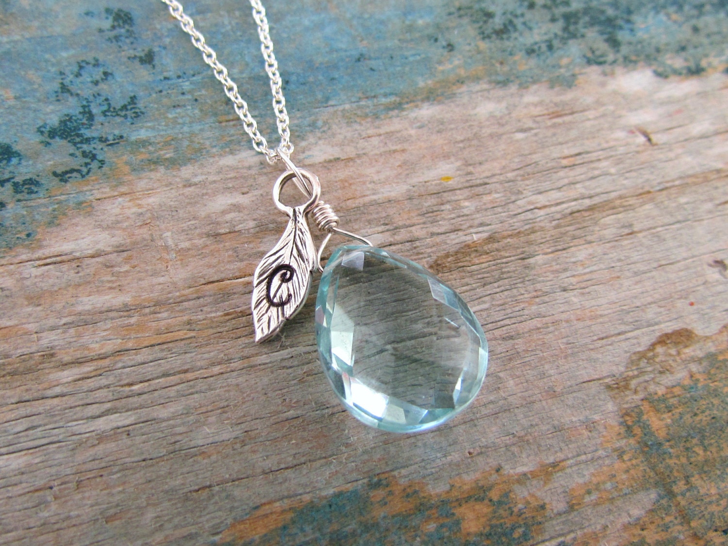Personalized initial leaf necklace - aqua blue quartz, sterling silver, custom handstamped jewelry