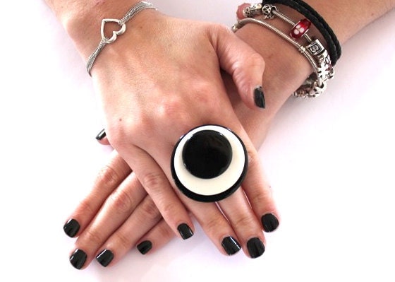 Ceramic Ring Adjustable - big bold oversized handmade cocktail ring -TRIPLE TREAT - 1.8 inch