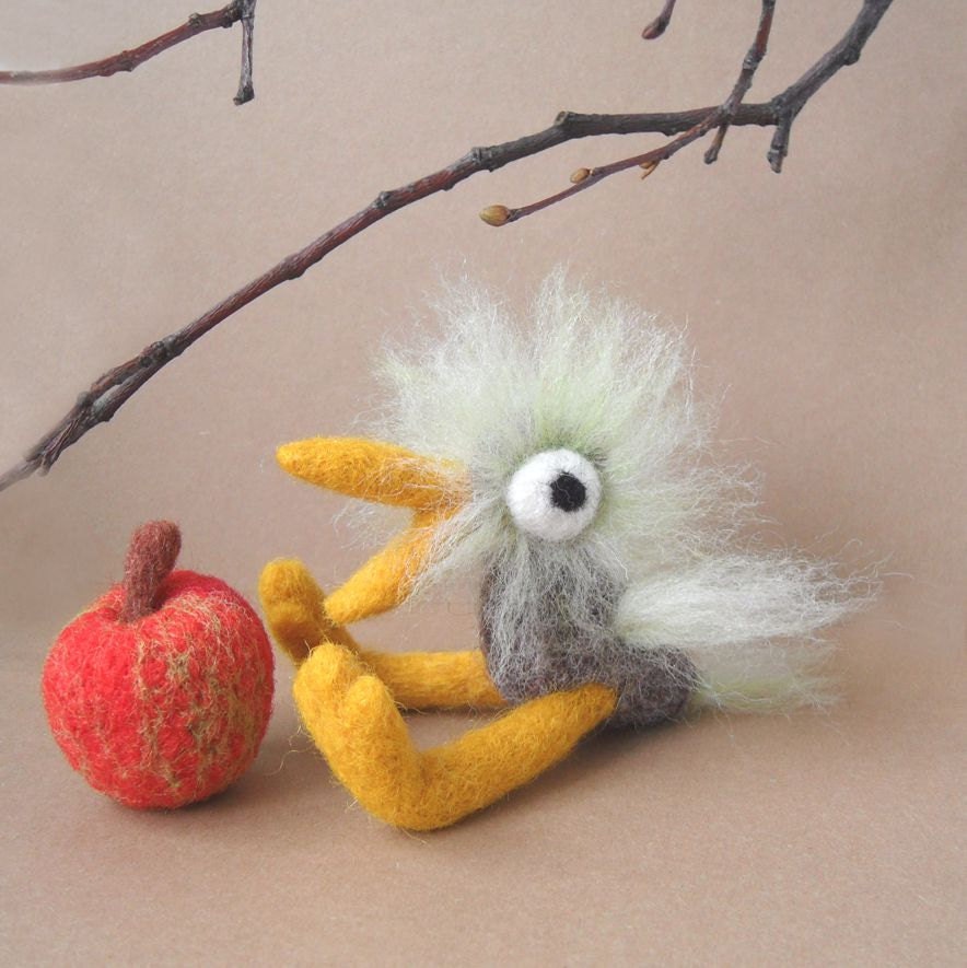 Fuzzy Bird With Apple, Needle Felted, Soft Sculpture, Figurine, Miniature, Toy