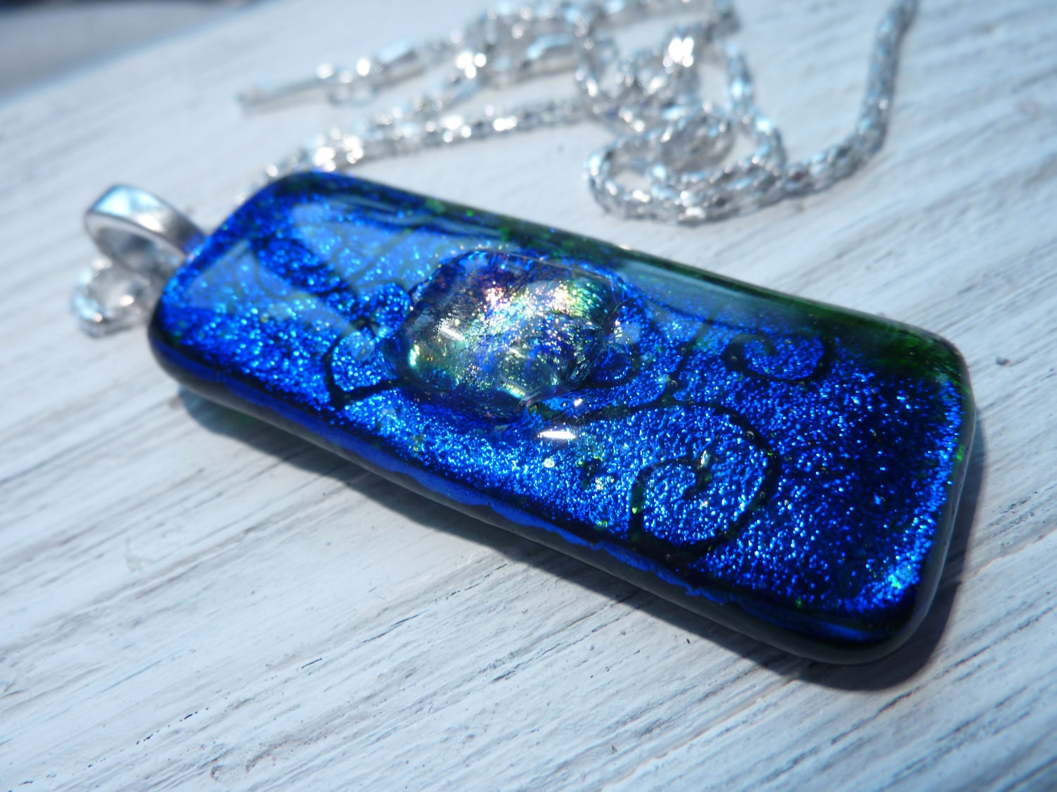 Blue fused glass hand engraved necklace pendant Celtic design