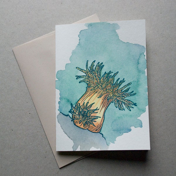 Sea Anemone Hand-Printed Hand-Painted Letterpress and Watercolor Greeting Card