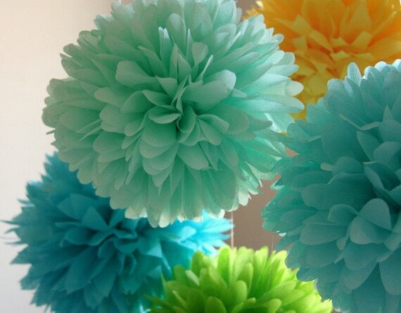 Summer Breeze .. 5 Tissue Pom Poms .. Wedding Reception Decor .. Bridal Shower .. Baby Shower Decor
